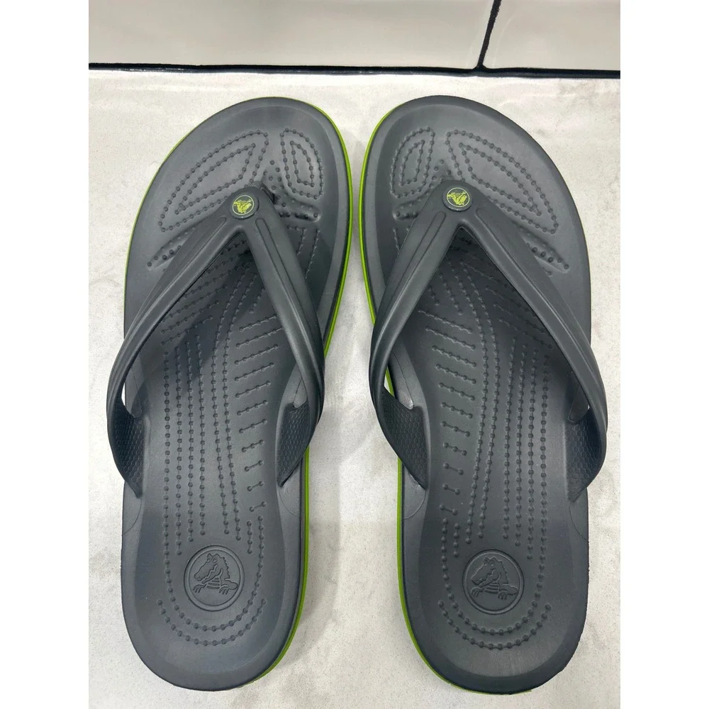 Crocs Crocband Flip Flops Charcoal Grey Lime Green Mens 8 Womens 10 Sandals NEW!